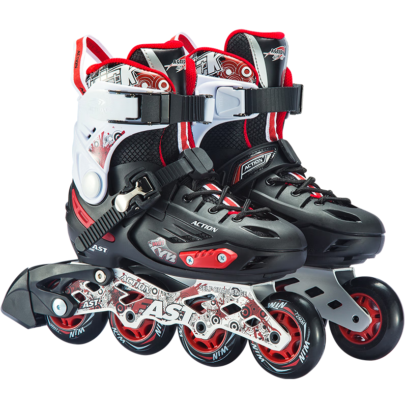 動感（ACTION）輪滑鞋兒童初學者休閑花式鞋平花鞋旱冰鞋四碼可調(diào)溜冰鞋男女 A68紅黑【套裝4】【鞋+902頭盔+海龜護具+包】 S 適合【28-31】碼