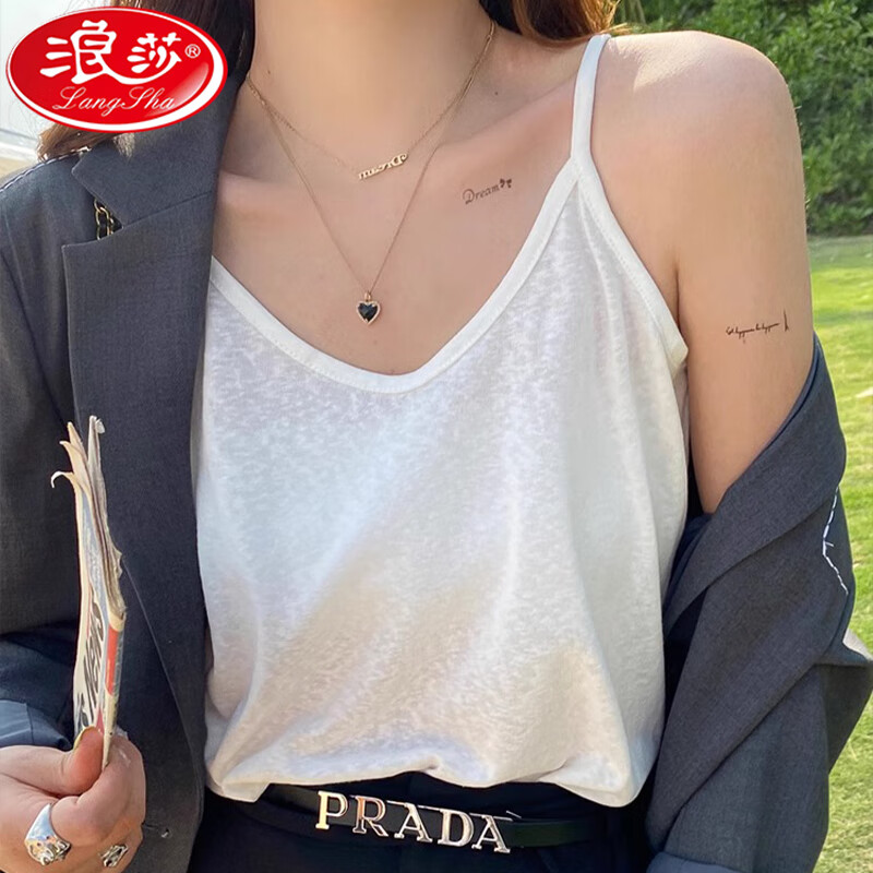 浪莎吊带背心女夏季新款外穿棉麻打底宽松慵懒上衣宽肩带无袖t恤内搭 白+黑【两件更优惠】背心款 L 【推荐115-130斤】