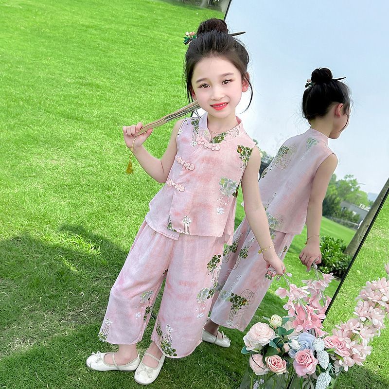 G.duck童装女童中式国风套装2026新款儿童夏季汉服洋气宝宝两件套夏装 粉色-套装 120 码(身高100-110cm)