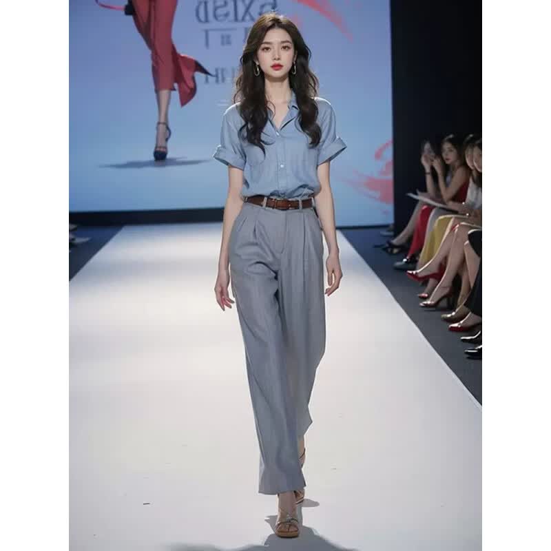 森莲娜（SENLIANNA）2026年春天夏季最新款西装阔腿休闲裤女士套装直筒运动长裤子衣服 两件套装 L 108-118斤