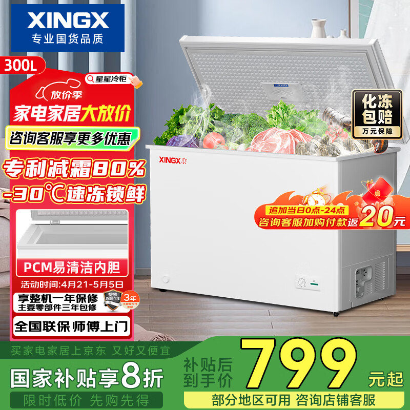 星星(XINGX)300升家用减霜净味冰柜 冷藏冷冻转换冷柜 节能顶开冰箱 BD/BC-300QJ国家补贴