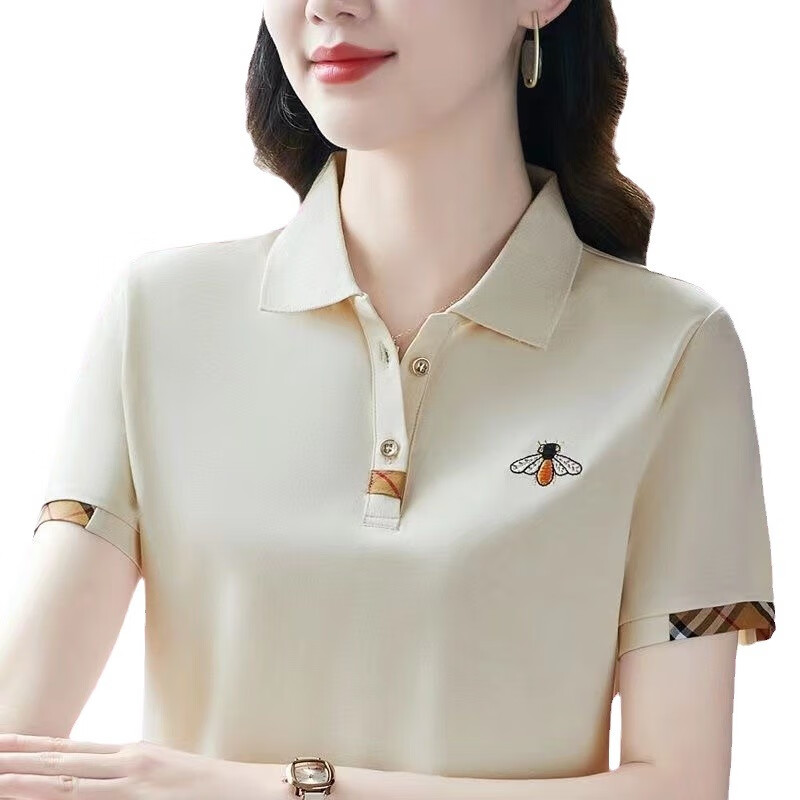 妈妈装短袖t恤夏季2026大码女装洋气显瘦女士POLO领打底衫上衣服 YB-833KY杏色 M 【建议80-95斤】