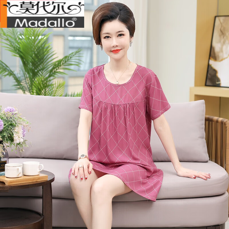 莫代爾棉綢睡裙女夏季純棉短袖薄款中老年睡衣中年媽媽家居服大碼套裝 3817 XL 建議120-140斤