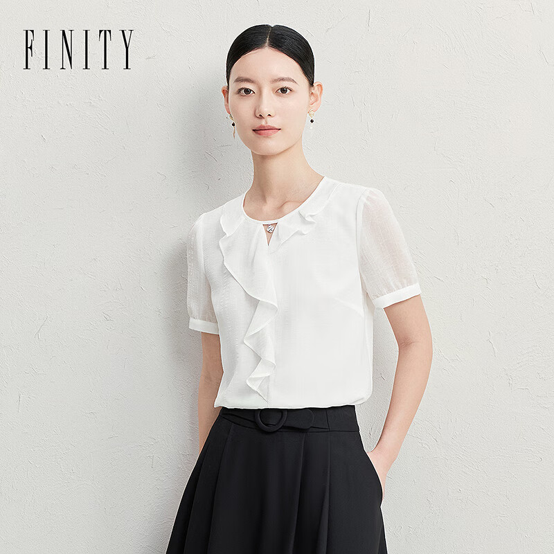 菲妮迪（FINITY）雪纺衫2025夏季新款简约设计感荷叶边气质短袖上衣女 白色 M