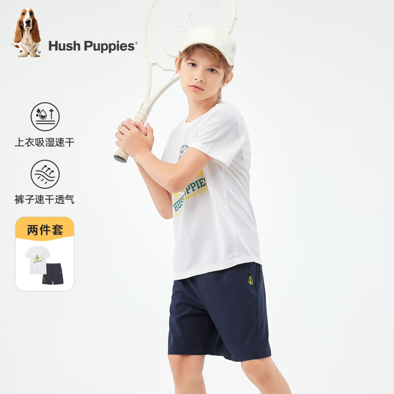 暇步士（Hush Puppies）【速干】童装儿童男女大童夏季新款多彩亮眼运动风短袖套装 本白 170