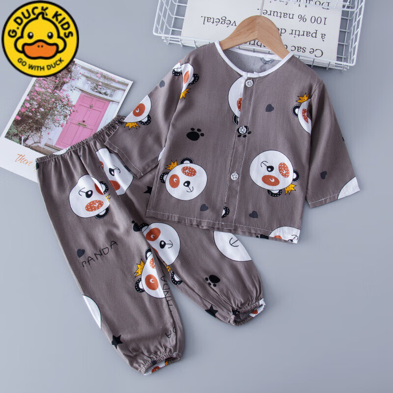G.DUCKKIDS小黄鸭儿童空调服薄款长袖棉绸防蚊裤宝宝夏季家居服小孩女童男童 CK27-开灯皇冠熊 80 实穿高100-110cm重35-40