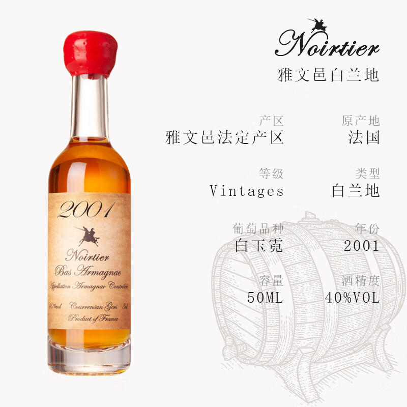 诺瓦迪1960-2009生日年份酒法国雅文邑白兰地原瓶进口洋酒生日 50mL 1瓶 2001 雅文邑