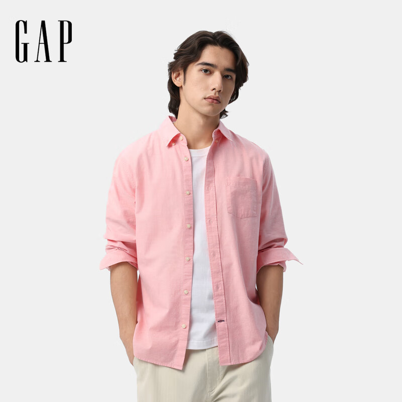 GAP男装春季经典基础款纯棉翻领长袖衬衫常规上衣美版488512 粉色 XS 美码 S亚洲码175/88A