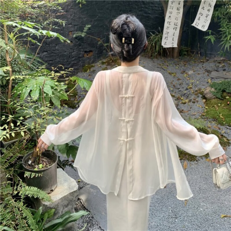JRET露背防曬女襯衫外套夏薄紗雪紡冰絲國(guó)風(fēng)新中式開衫襯衣中長(zhǎng)款上衣 米白色 XL