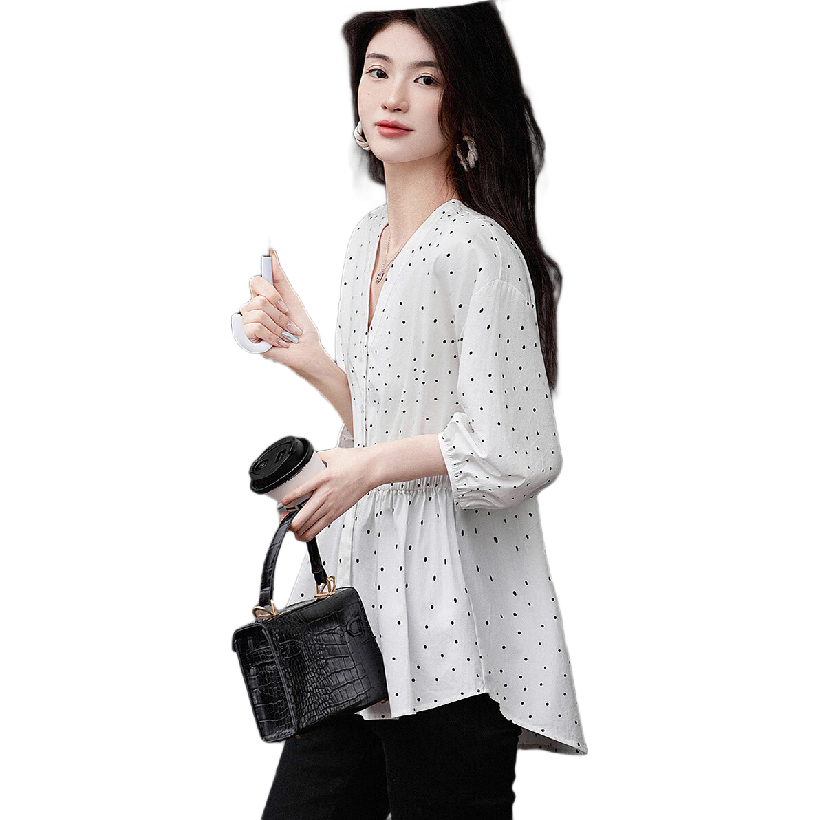 德瑪納【茉莉小調(diào)】春秋法式全棉V領(lǐng)波點(diǎn)襯衫優(yōu)雅收腰七分袖襯衣女上衣