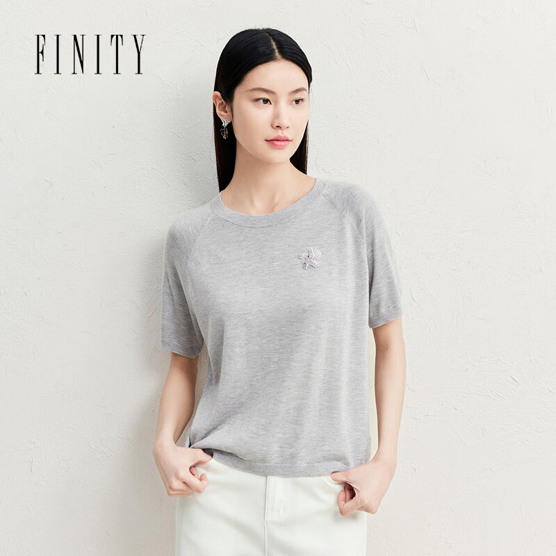 菲妮迪（FINITY）针织衫2025年夏季新款简约圆领休闲宽松短袖上衣女 灰色 XL