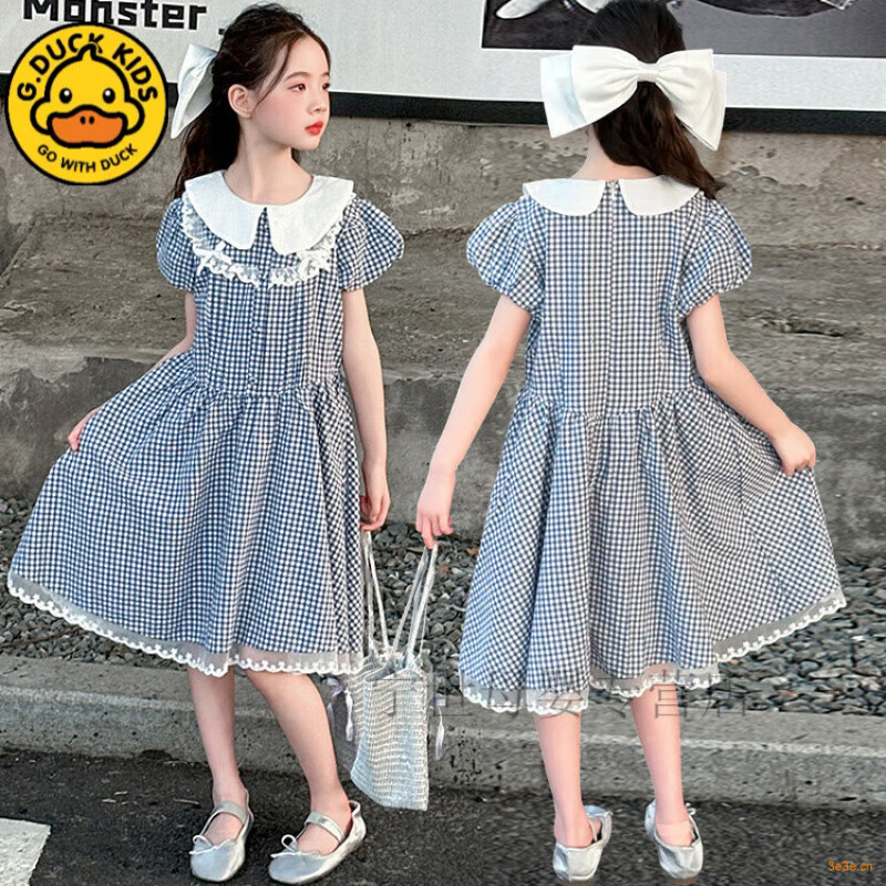 G.DUCKKIDS女童夏装2025新款洋气大童女孩公主连衣裙儿童夏日穿搭好看裙子 格子连衣裙 120 cm