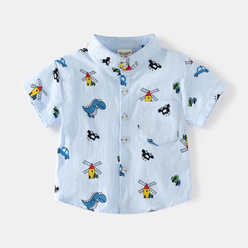 WELLKIDS新款卡通夏季立领中小男童短袖衬衫休闲柔软舒适吸湿排汗男童衬衫 浅蓝汽车恐龙短袖衬衫 90 京东折扣/优惠券