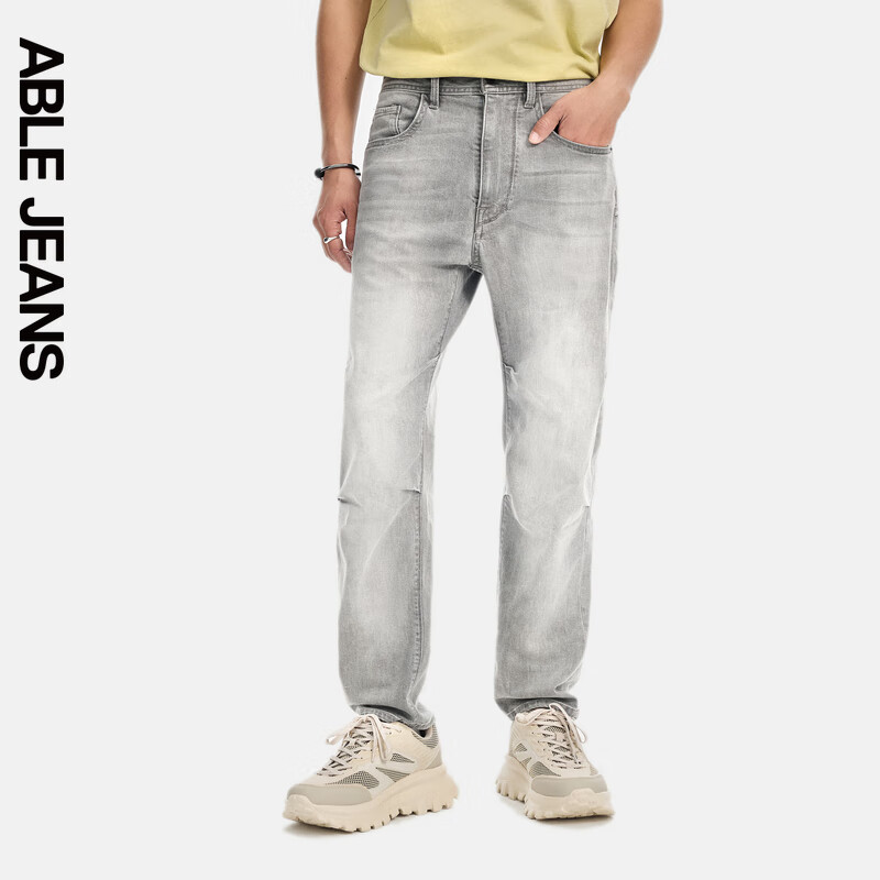 ABLE JEANS【直筒滑板褲】寬松直筒立體膝薄款褲子牛仔褲男士 【冰爽玉】冰灰 33 /34