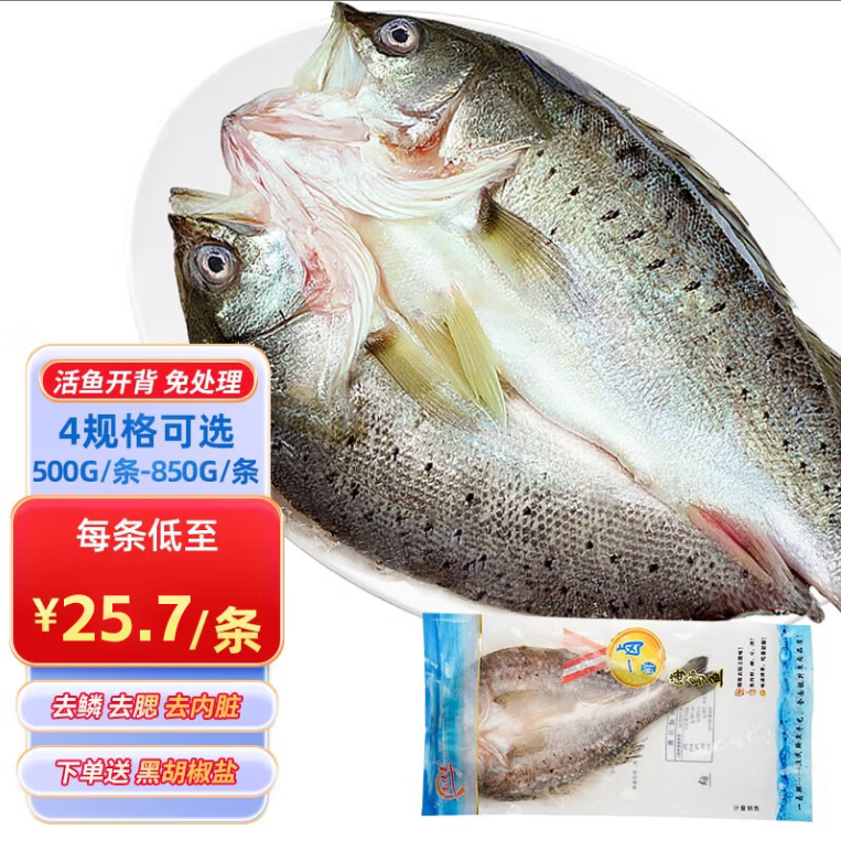 海皇湾 三去开背海鲈鱼/河鲈鱼鲜活冷冻去鳃去鳞 生鲜鱼类 海鲜水产 开背鲈鱼500g 2条