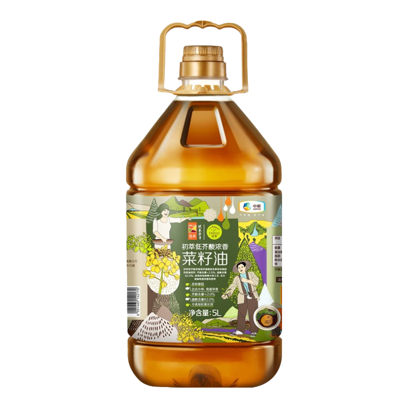 初萃中糧 食用油 低芥酸濃香菜籽油5L 非轉基因 物理壓榨 充氮保鮮 低芥酸菜籽油 5L*1桶