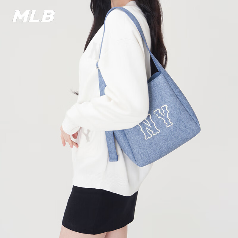 MLB官方 女包潮流单肩包复古学院百搭休闲水桶运动包男3ABMBD15N 纽约洋基队/浅蓝色
