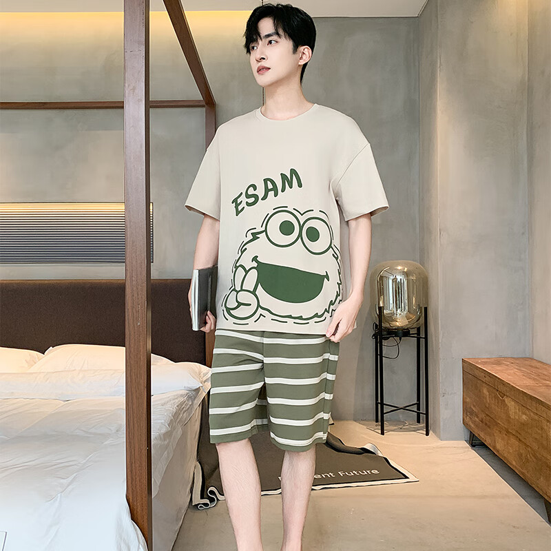 萧淑妃夏季纯棉男士睡衣青少年学生可外穿大码卡通短袖短裤家居服套装 芝麻街 5XL