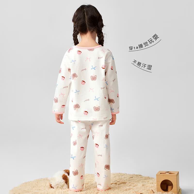 木木屋儿童家居服套装男童女童纯棉夏季宅家空调服轻薄舒适卡通睡衣 白/粉 蛋糕小熊 90 cm 推荐身高80-88cm