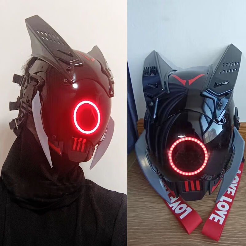 泰利奇赛博朋克机械头盔铁血战士cosplay面罩机能风科技感蹦迪发光面具 促销款-红灯圈-赠送头套