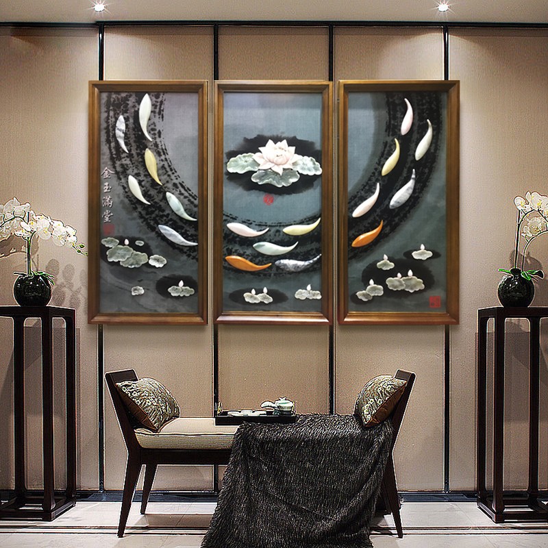 画手工雕刻画玉雕画壁挂件年年有余沙发背景墙壁画国画水墨荷花鱼挂画
