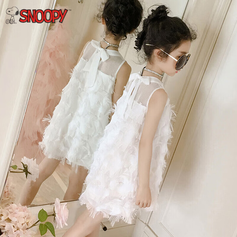 史努比（SNOOPY）女童連衣裙夏季韓版洋氣裙子無袖羽毛雪紡紗裙兒童寶寶夏款公主裙 白色[羽毛裙] 90 cm建議身高80-90cm