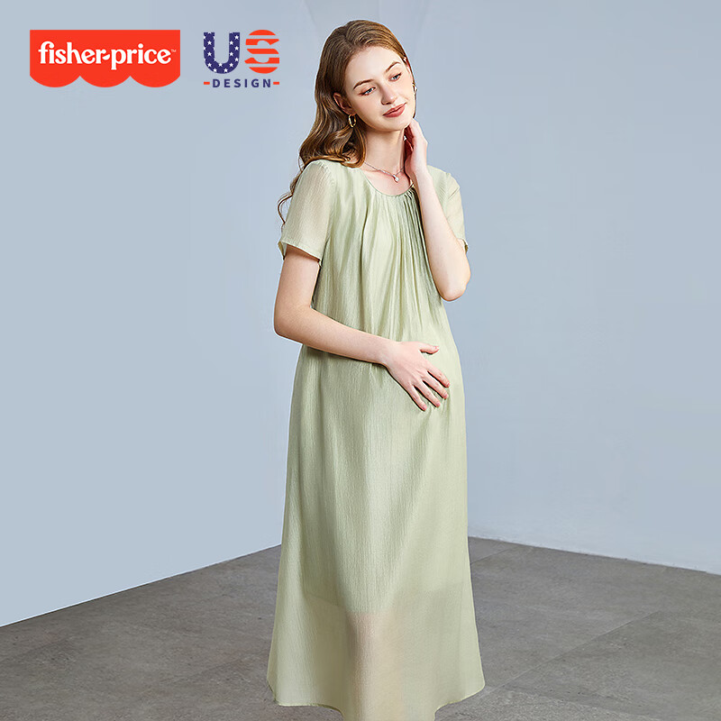 費(fèi)雪（Fisher-Price）美國(guó)費(fèi)雪孕婦夏裝連衣裙2025新款孕婦裝夏天天絲上衣顯瘦裙子套裝 青檸綠連衣裙 XL【140-160斤適穿】