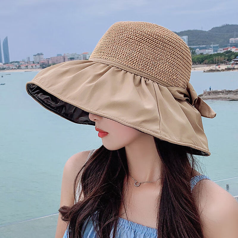 FOURDATRY遮阳帽女夏季黑胶蝴蝶结帽子运动骑车大檐防晒帽遮脸uv渔夫帽 【黑胶B款】卡其