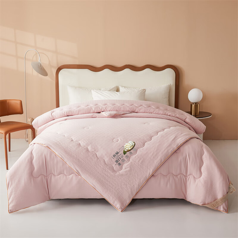 水星系列家纺夏季空调被子100%蚕丝被四季通用二合一子母被芯冬被宿舍春秋被子 柔肤粉（100%蚕丝已质检） 200x230cm（4斤夏凉被）