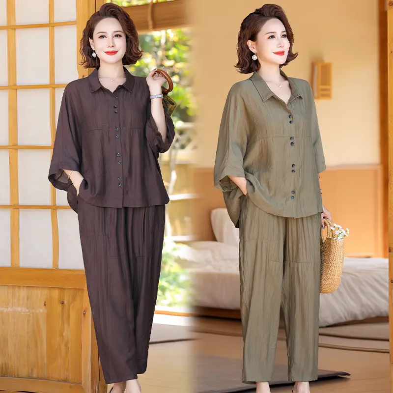 俞兆林(YUZHAOLIN)母亲节妈妈装套装中老年女装夏季薄款大码老年人衣服显瘦两件套 咖啡色 3XL (尺码偏大155-185斤)