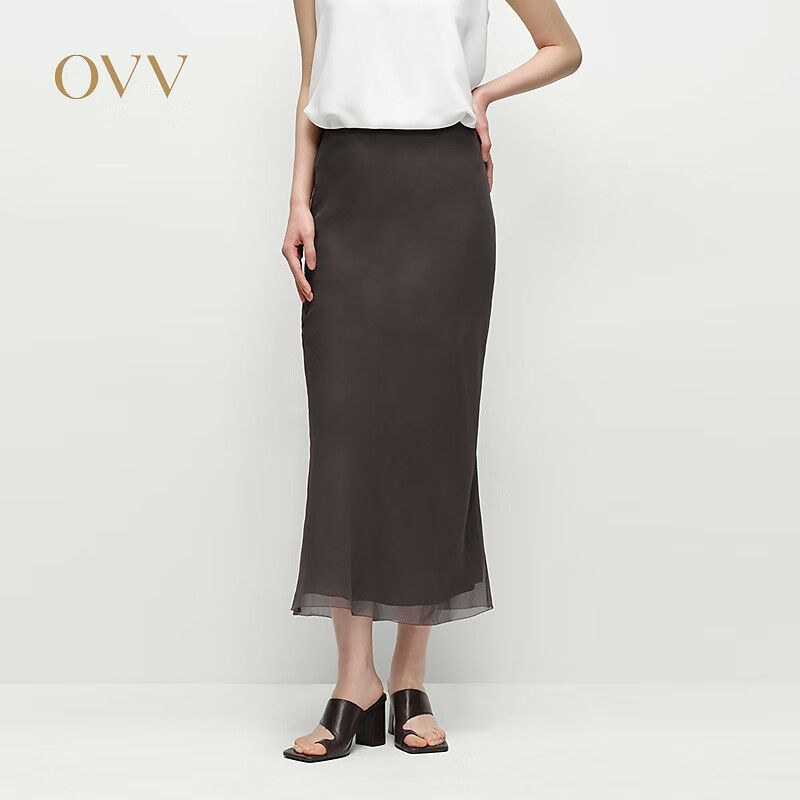 OVV2025春夏新款女装8MM顺纡绉真丝优雅高级半身裙 焦栗色 M