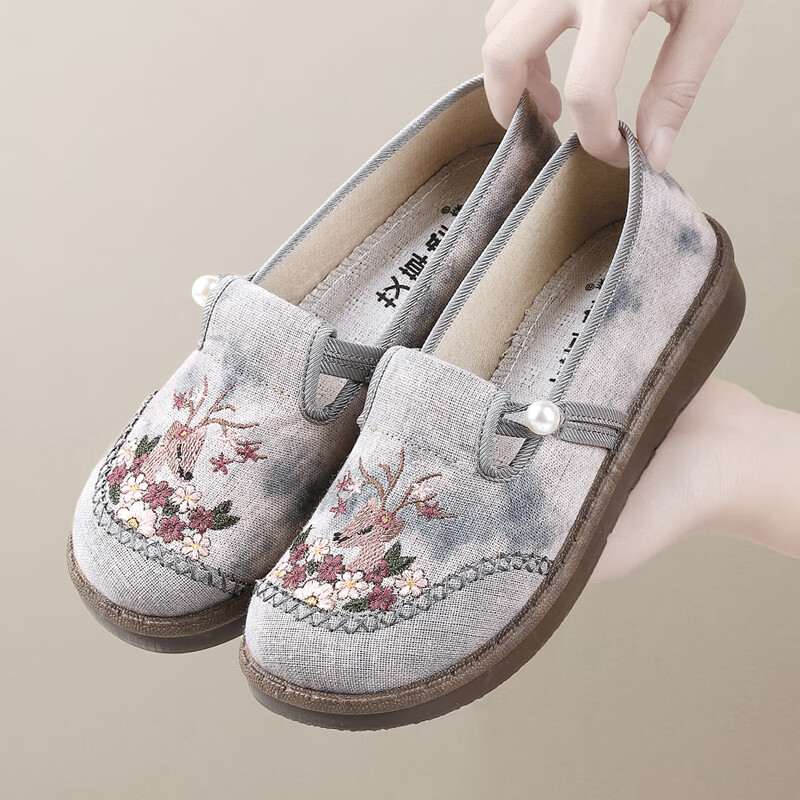 意迪森2025春季新款老北京布鞋女士百搭防滑绣花鞋懒人一脚蹬平底妈妈鞋 灰色 34 (220mm)