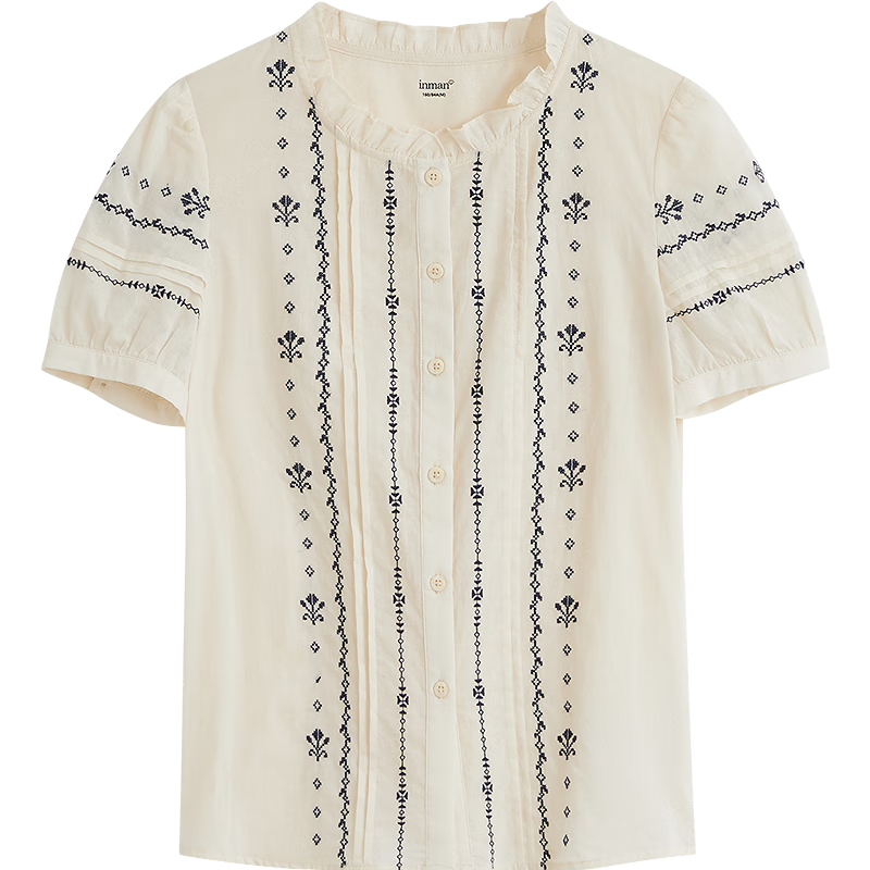 茵曼（INMAN）【商場(chǎng)同款】法式小圓領(lǐng)刺繡襯衣2025夏季女裝新款短袖上衣 t米杏色 M