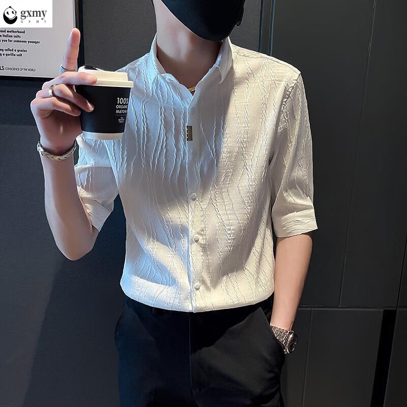 gxmy夏季冰絲套裝短袖七分袖襯衫男士潮牌痞帥感搭配兩件套裝潮流 單白色上衣 M 【80-100斤】