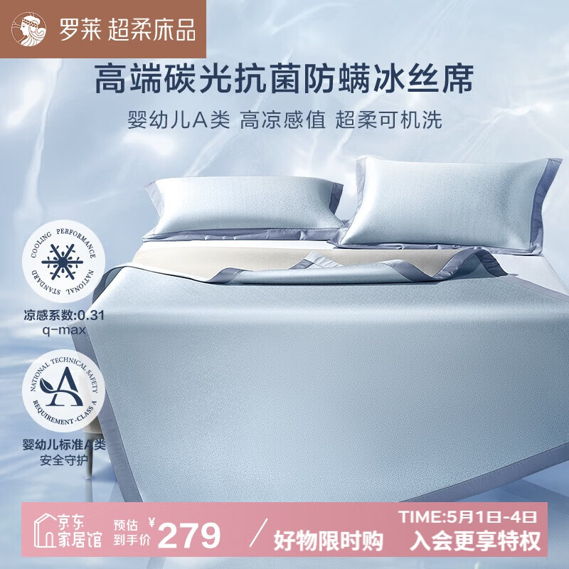 罗莱家纺 A类冰丝席【可机洗】抗菌防螨凉席床笠款三件套蓝180*200*30