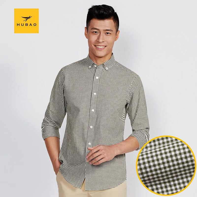 虎豹男装男士格子棉麻衬衫长袖衬衫休闲百搭衬衣 格绿 46/中国码38