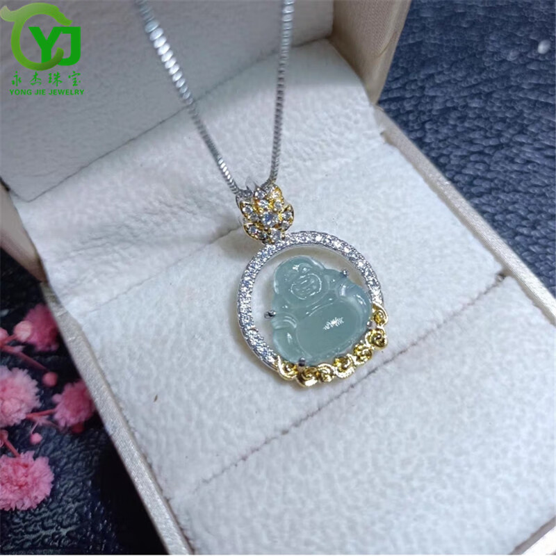 永杰原创a货翡翠蓝水佛公镶冰种玉石吊坠玉坠女款项链时尚挂件证书