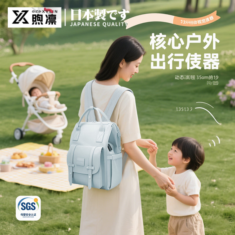 煦凜日本媽咪包雙肩包嬰兒外出2024款大容量輕便多功能媽媽包時(shí)尚背包 靜謐藍(lán)【20L 升級(jí)USB款】+嬰兒車掛鉤