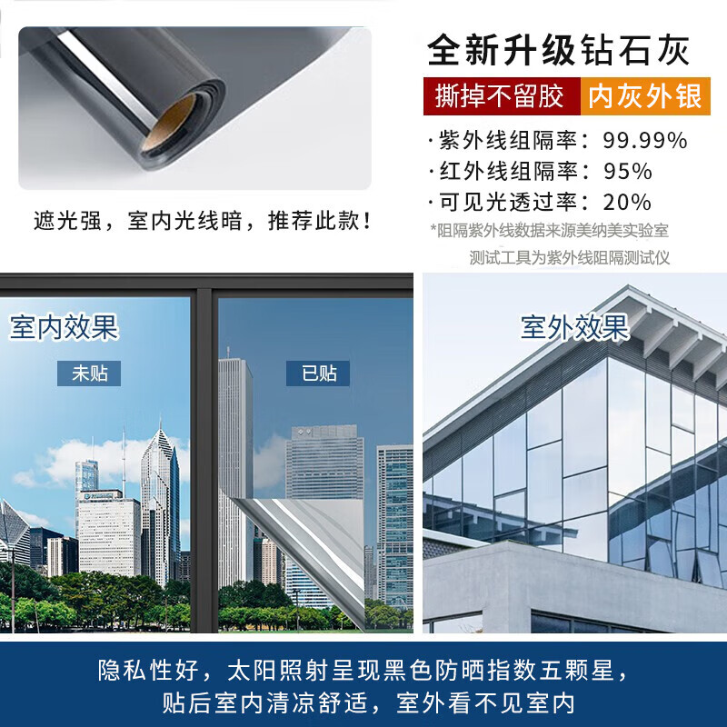 美纳美防晒隔热膜家用窗户玻璃贴膜单向透视太阳膜卧室厨房阳台遮光贴纸 【防晒隔热】钻石灰90cm*5米