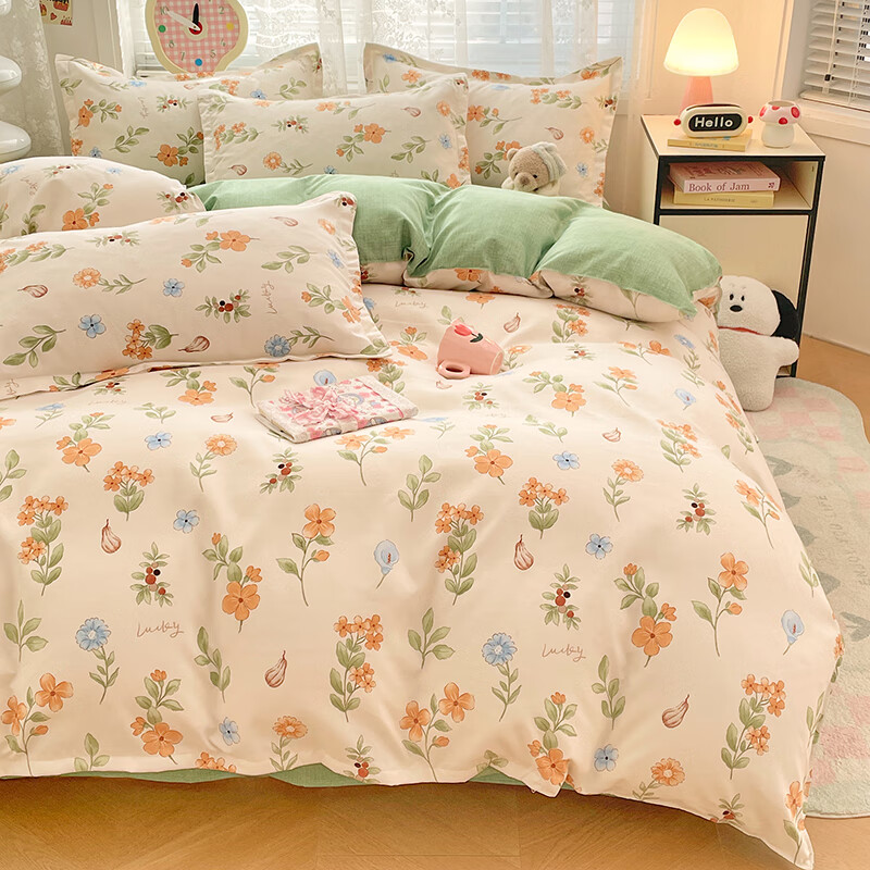 羽匠加厚磨毛小清新印花四件套学生宿舍套件家用床单柔软四件套秋冬季 春田花花 床单款 床四件套(被套200*230cm)