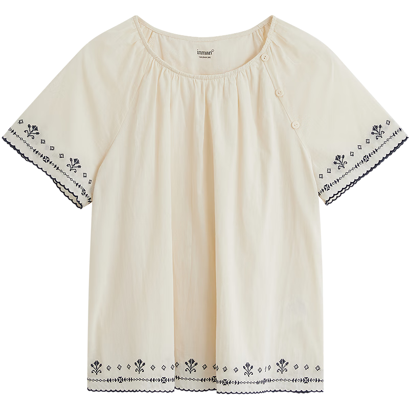 茵曼（INMAN）【商場(chǎng)同款】法式純棉刺繡圓領(lǐng)襯衫女裝2025夏季新款短袖上衣 t米杏色 M