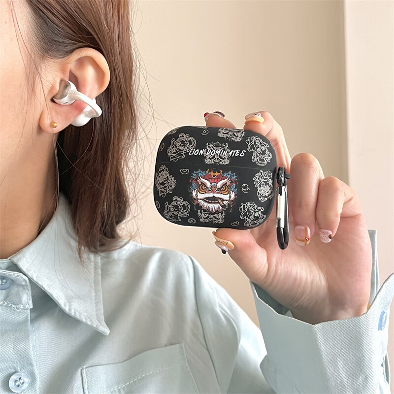 京苑国潮舞狮适用漫步者花再Zero Clip蓝牙耳机套zero clip保护壳外壳卡通创意耳机仓外盒 【黑底舞狮头】 +挂钩 漫步者花再Zero Clip