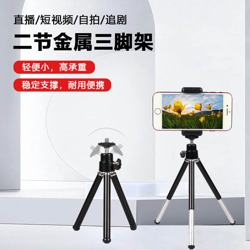 宝来发迷你便携三脚架手机支架铝合金桌面复试微单反相机投影仪监控器补光灯拍照摄影摄像直播补光云台架 二节金属三脚架/银色+手机夹+蓝牙