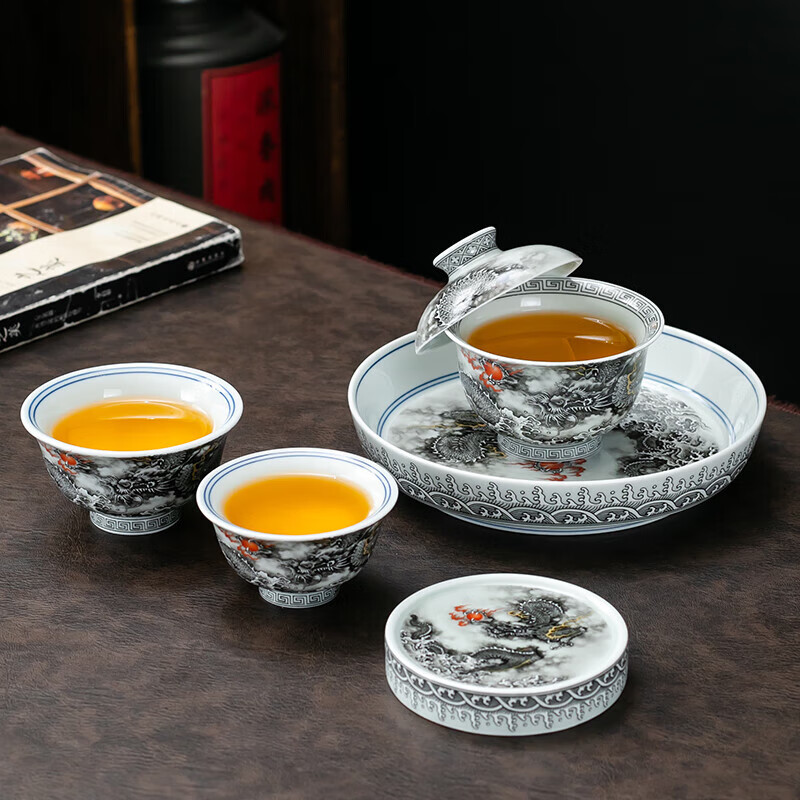 京峰阁 茶具盖碗套装 高档轻奢手工描金家用送礼整套泡茶碗茶杯泡茶器 墨龙悬停盖碗（一盖碗二杯）