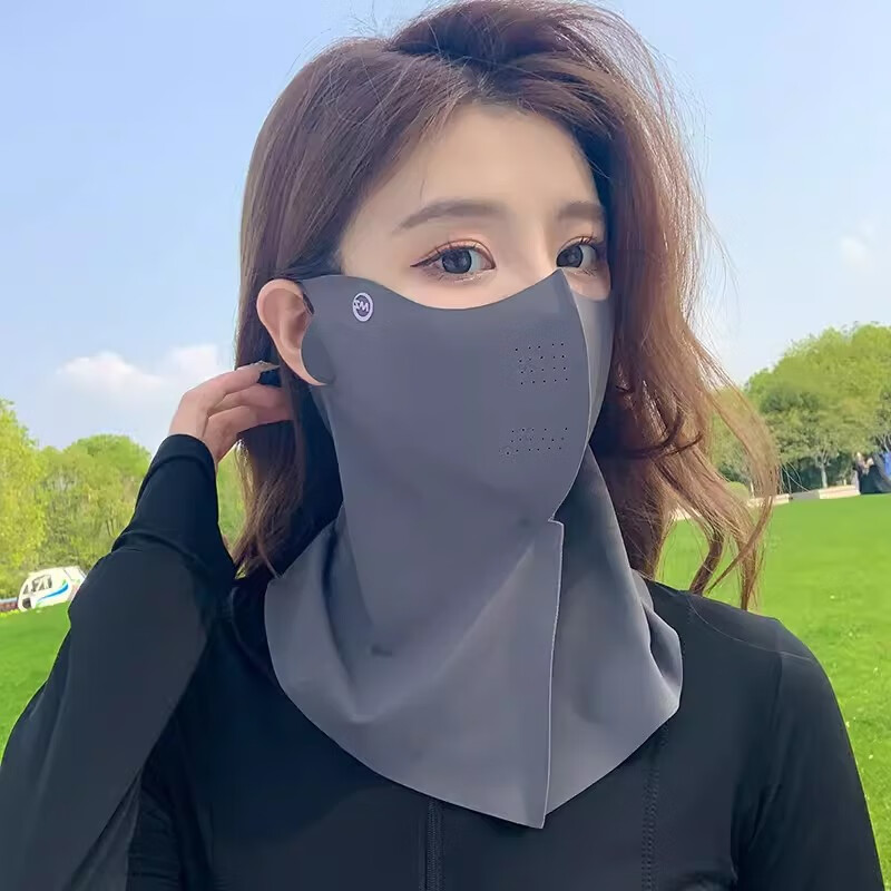 【精选直发】新款冰丝防晒口罩女护颈一体透气孔骑行面罩3D无痕面 3D透气孔护颈/深灰