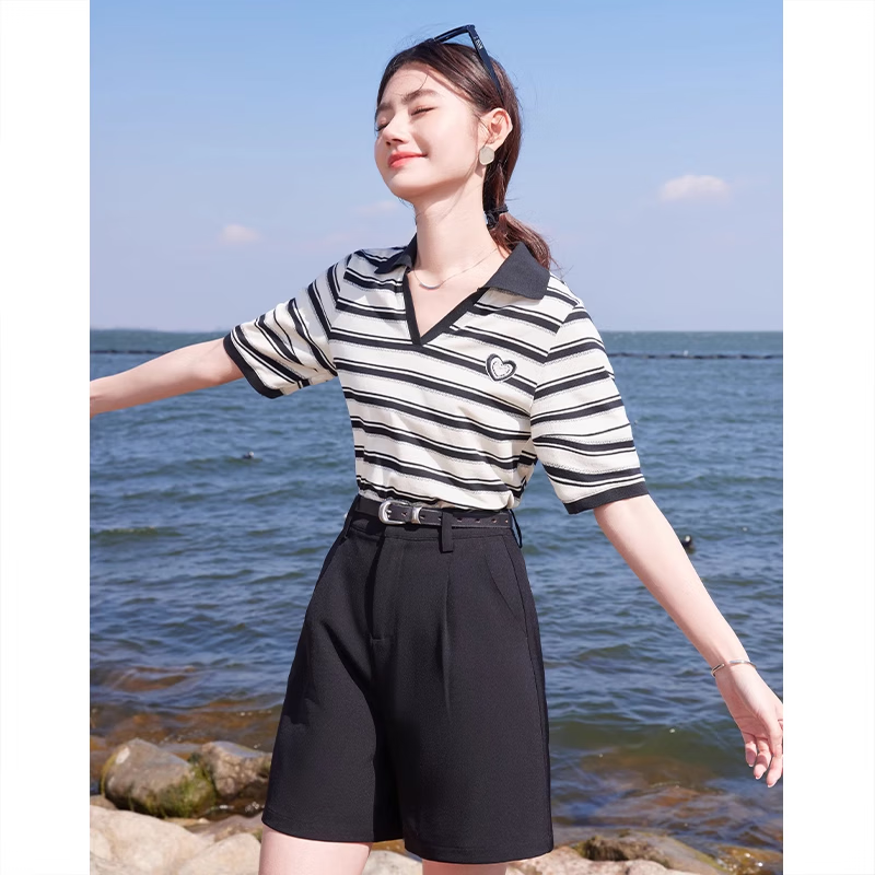 香影條紋polo翻領(lǐng)短袖t恤女夏季新款休閑寬松體恤美式甜酷短上衣 黑色 S