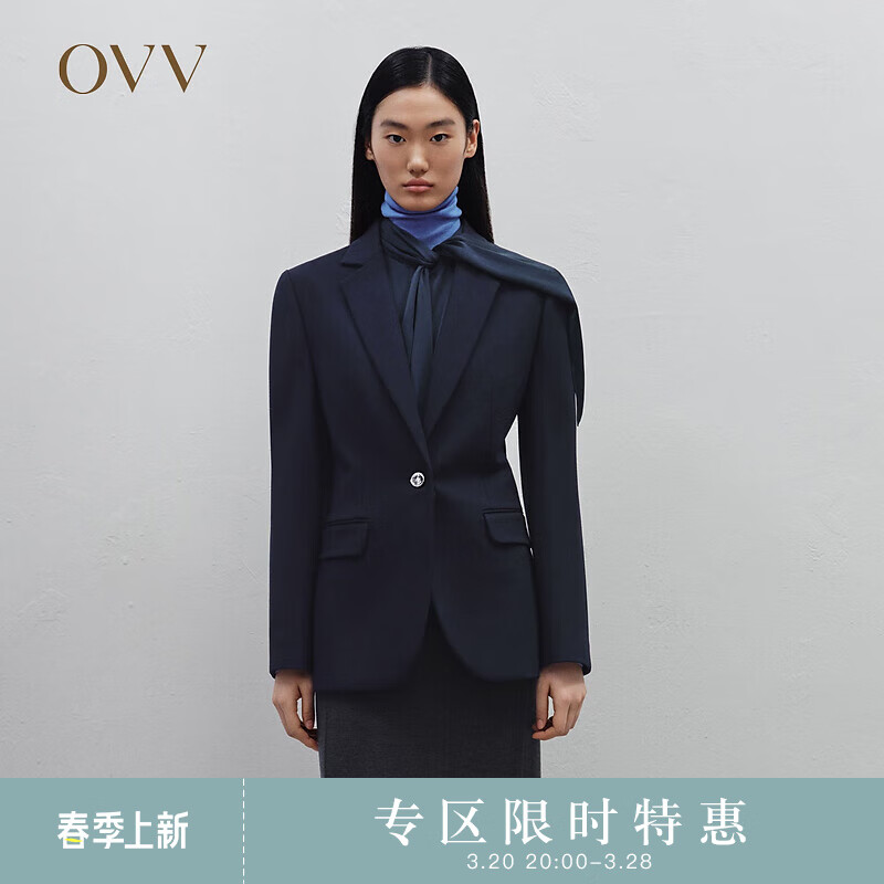 OVV2023秋冬新款女装挺括一粒扣平驳领休闲通勤单件西服外套 藏青（净色）B1 L