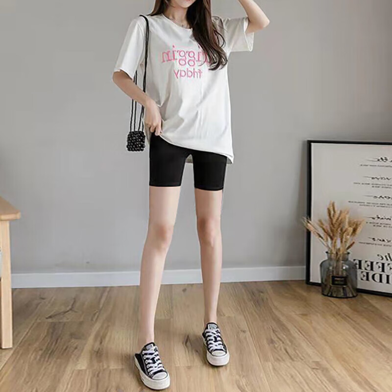 蕉京莫代尔防走光五分安全裤女夏季薄款小个子高腰弹力七分打底裤 三分黑色 L 【70-110斤】