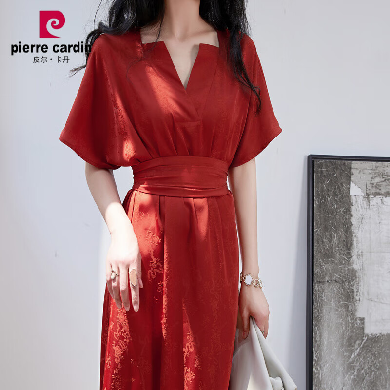 皮尔卡丹（pierre cardin）高级感法式复古V领红色连衣裙女夏显瘦赫本红裙气质连衣长裙 红色 薄款 醋酸提花面料 L
