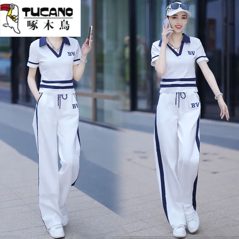 啄木鳥2025夏季時尚運動服套裝女新款休閑polo領短袖闊腳褲跑步服兩件套 白藍長.褲[好質量兩件套] 2XL